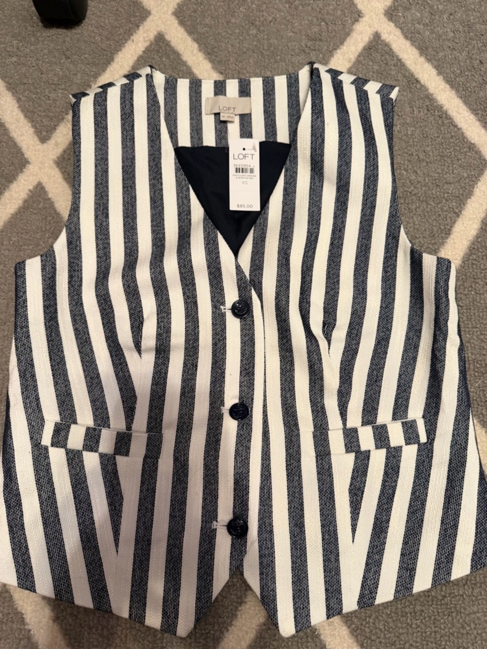 LOFT Navy and White Vertical Stripe Button Vest